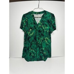 Aodemo Blouse Top Womens Large Green Black Tropical Leaf Print‎ V Neck Everyday